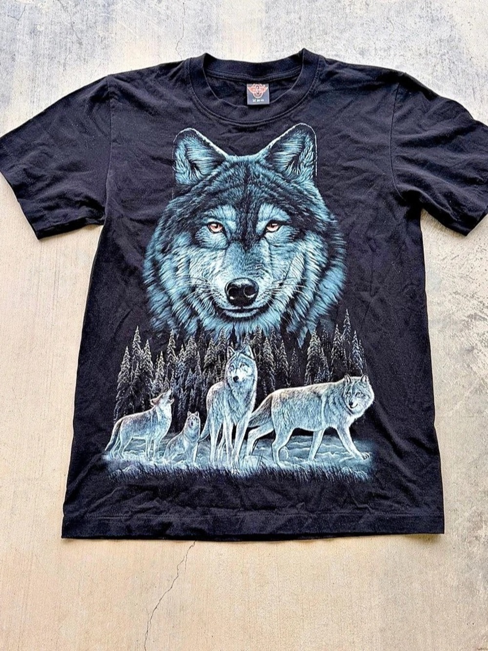 Y2K Rock Eagle Wolf Pack Graphic T-Shirt Wolf Graphic Tee in Black & Blue Size